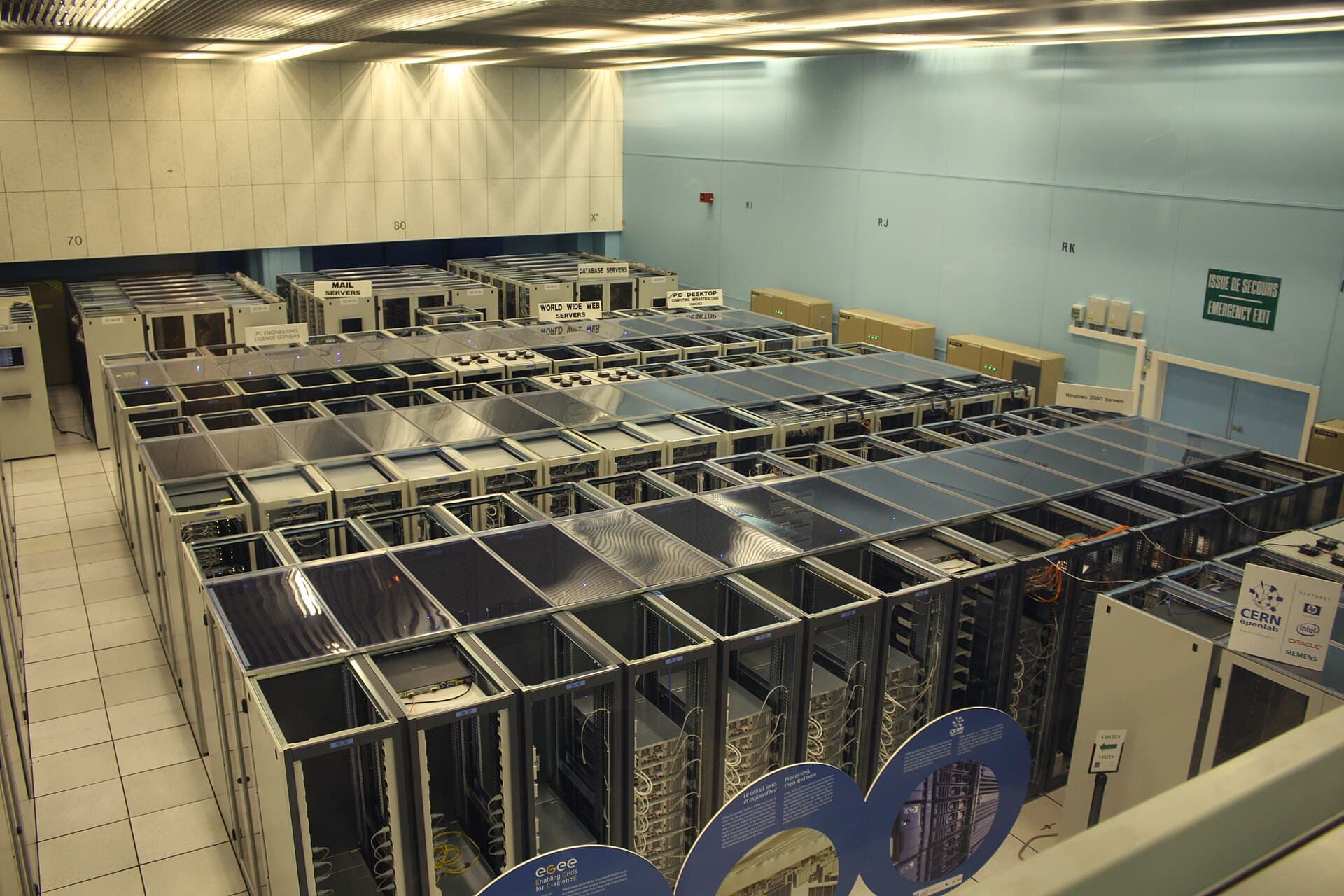 Rows of server racks in a high performance computing data centre